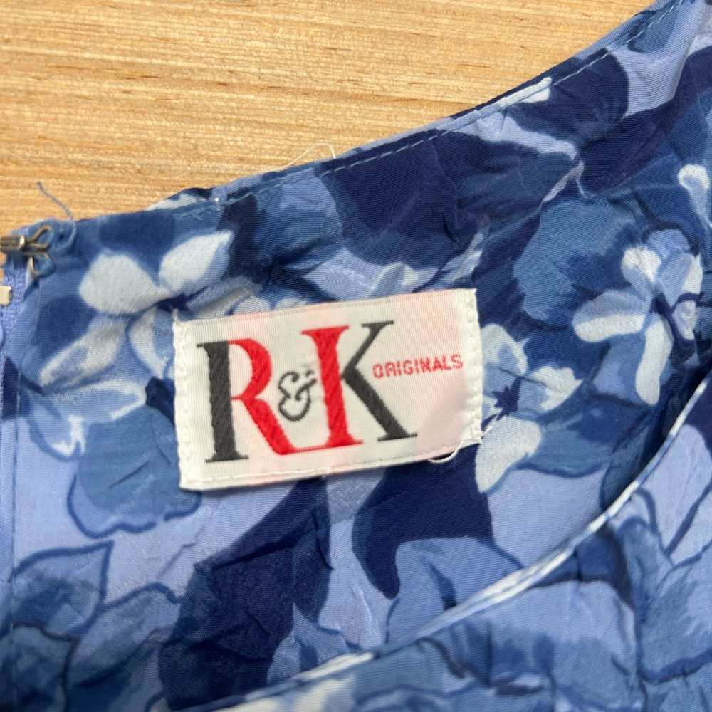 RK Originals Blue Floral Sleeveless Ruffle Hem Midi Sheath Dress Sz 12 - Picture 2 of 8